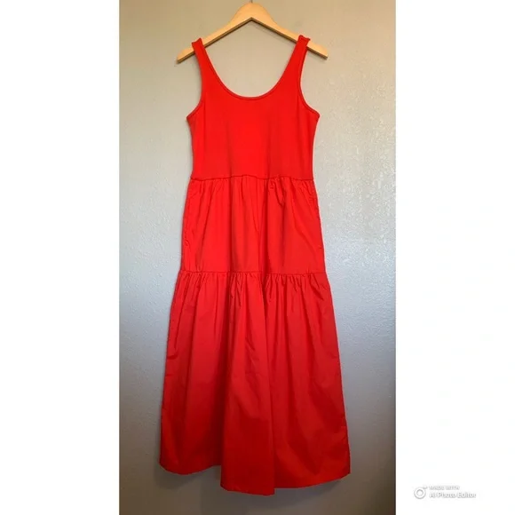 J Crew Factory Medium Red Tiered Knit Mixy Midi Dress With Pockets NWT FLAWS